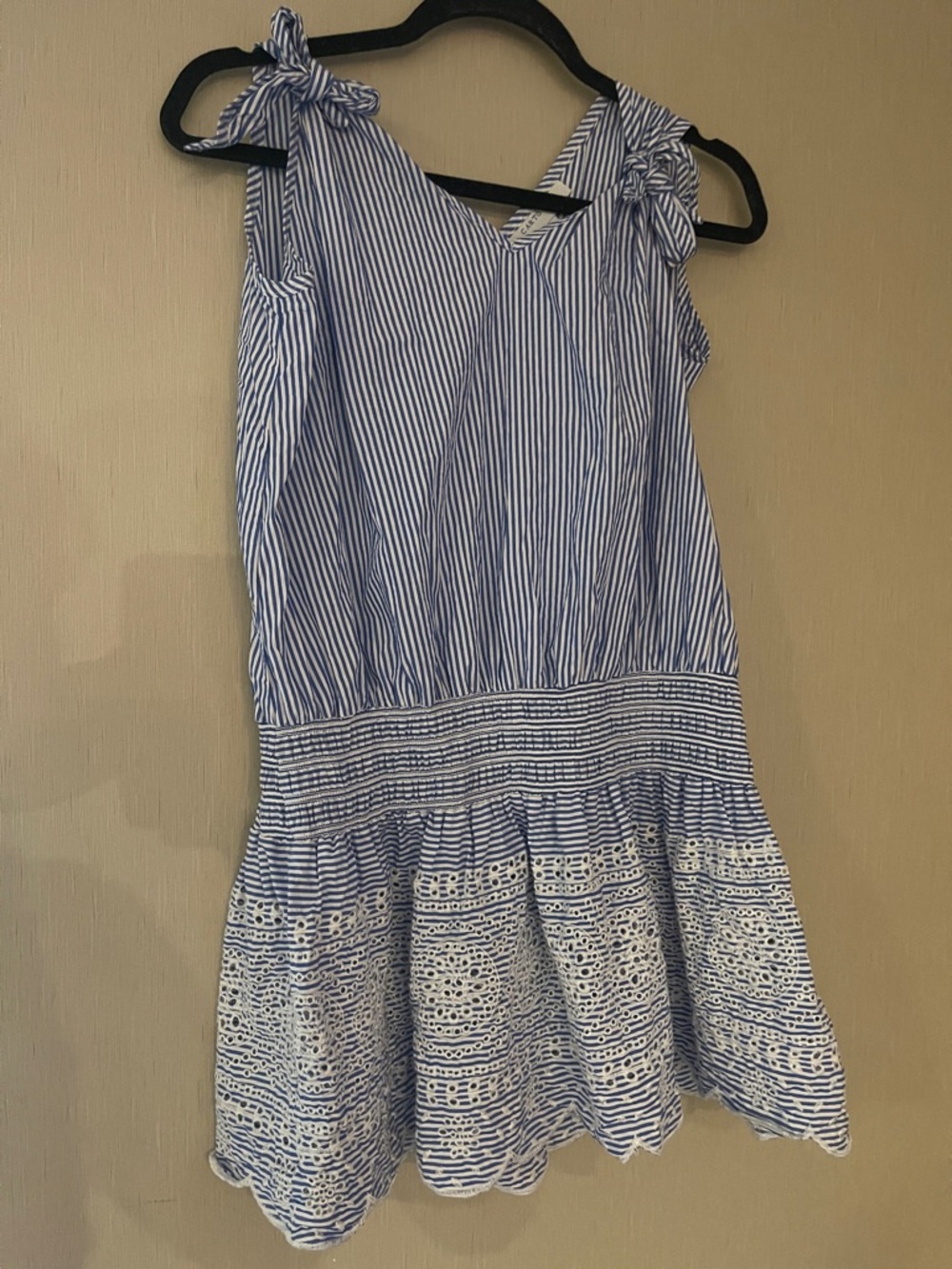 Cartolina medium Blue White Stripe Tie Shoulder tunic eyelet smocked 100 cotton